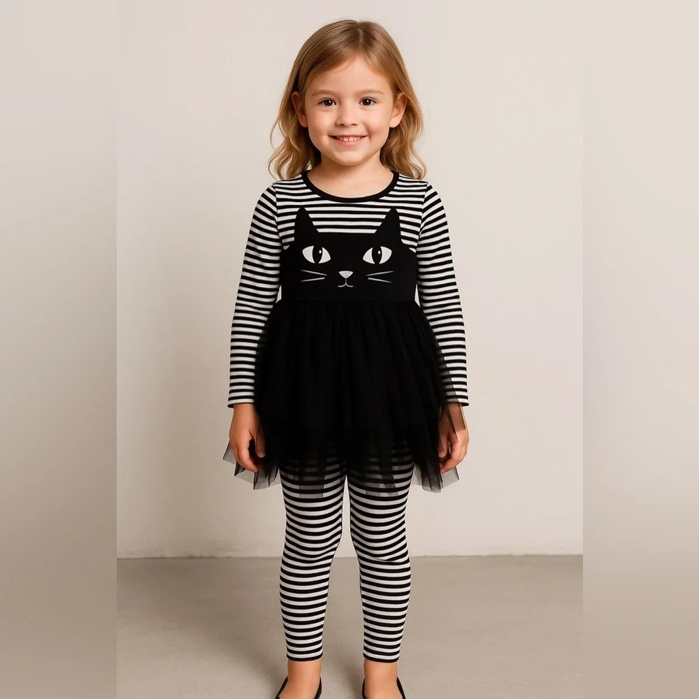Bonnie Jean Girls 2-Pc Legging Set Black Cat Tutu Striped Halloween Outfit